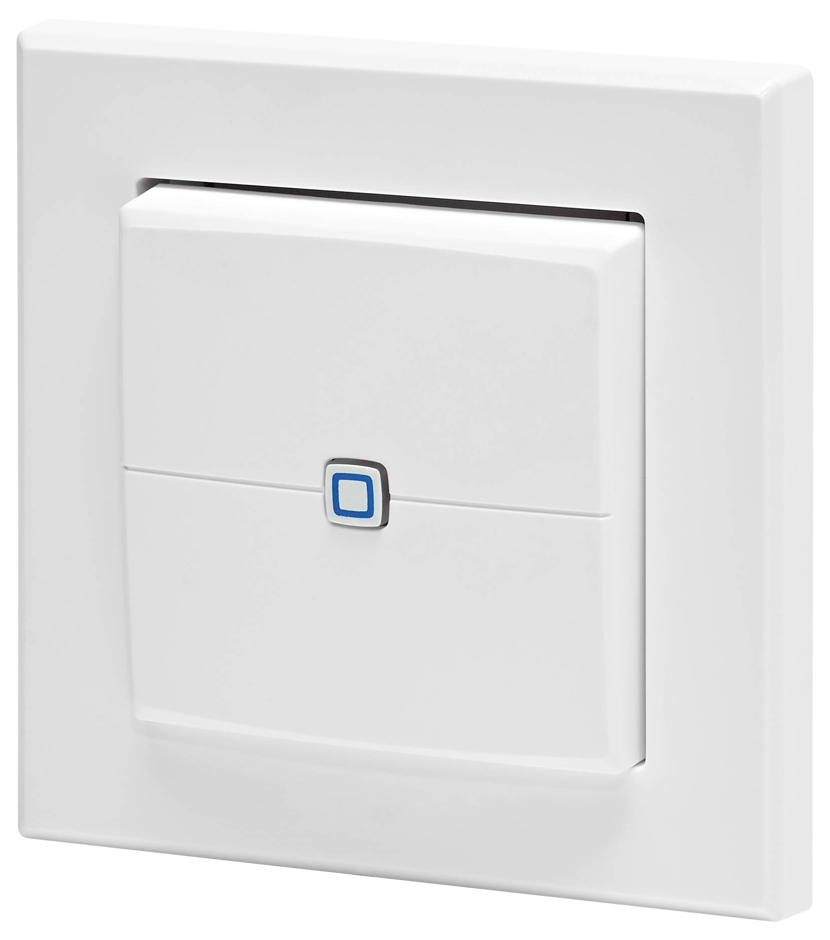 Ein weißer, wandmontierter Lichtschalter mit einem kleinen blauen Quadrat in der Mitte, der ein modernes, minimalistisches Design andeutet.