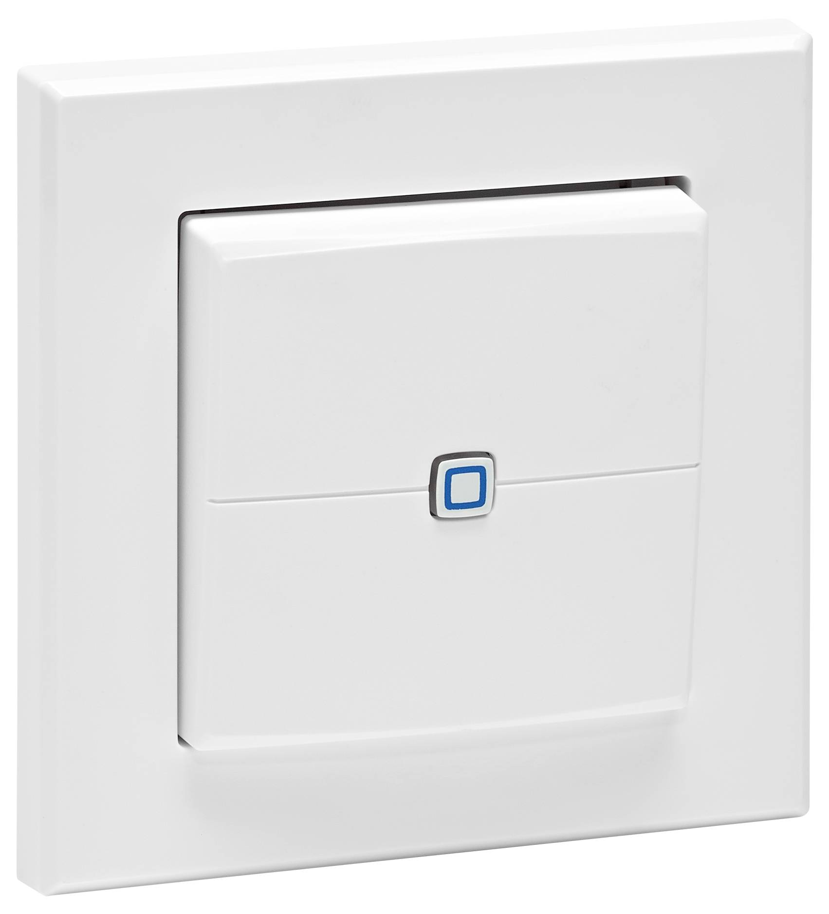 Ein weißer, wandmontierter Lichtschalter mit einer kleinen blauen Anzeige in der Mitte.
