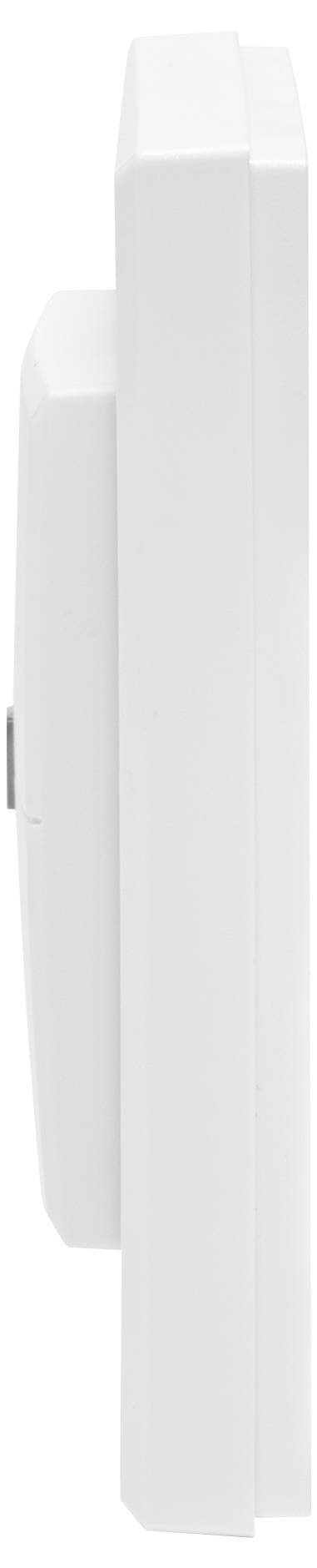 Seitenansicht eines weißen, rechteckigen elektronischen Geräts mit kompaktem, minimalistischem Design, das seine schlanke Silhouette präsentiert.