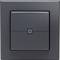 Ein schwarzer, wandmontierter Lichtschalter mit modernem quadratischem Design und einem kleinen quadratischen Knopf in der Mitte.