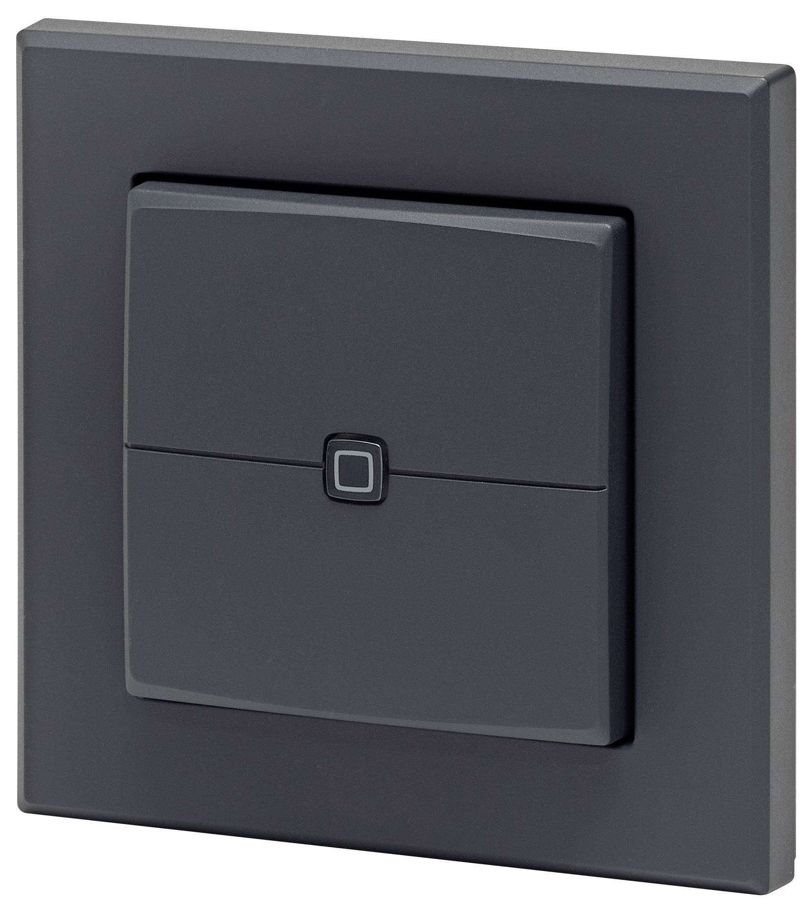 Ein schwarzer, moderner elektrischer Wandschalter mit einem kleinen quadratischen Knopf in der Mitte zum Ein- und Ausschalten.