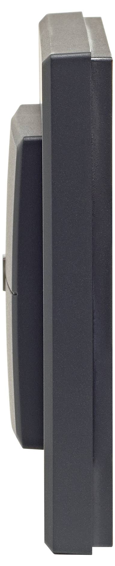 Seitenansicht eines wandmontierten, schwarzen rechteckigen Geräts, das sein schlankes, kompaktes Design zeigt.