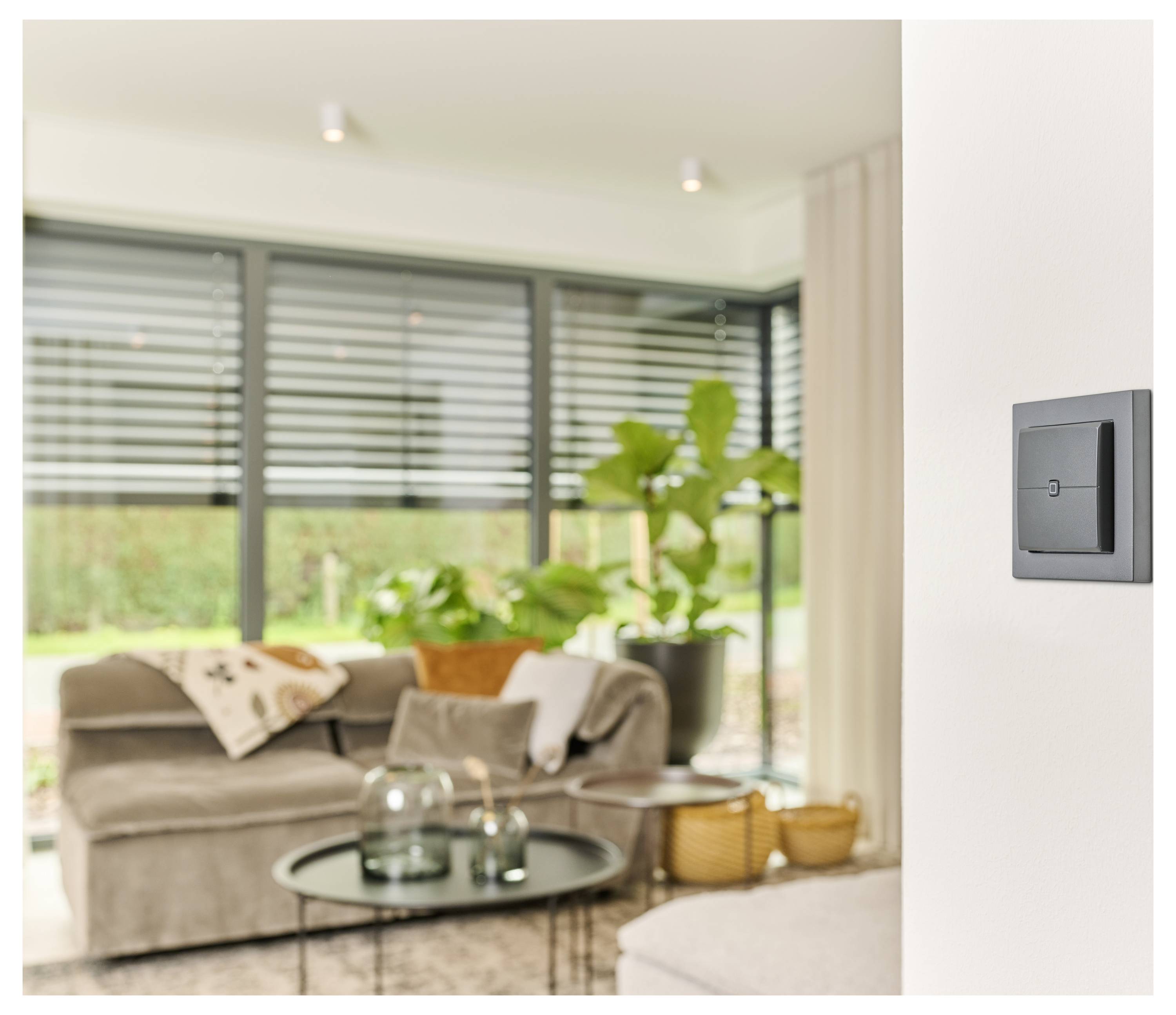 Ein modernes Wohnzimmer mit einem beigen Sofa, Pflanzen und großen Fenstern. Ein schwarzer Lichtschalter steht an einer weißen Wand im Fokus und deutet auf eine einfache Steuerung hin.