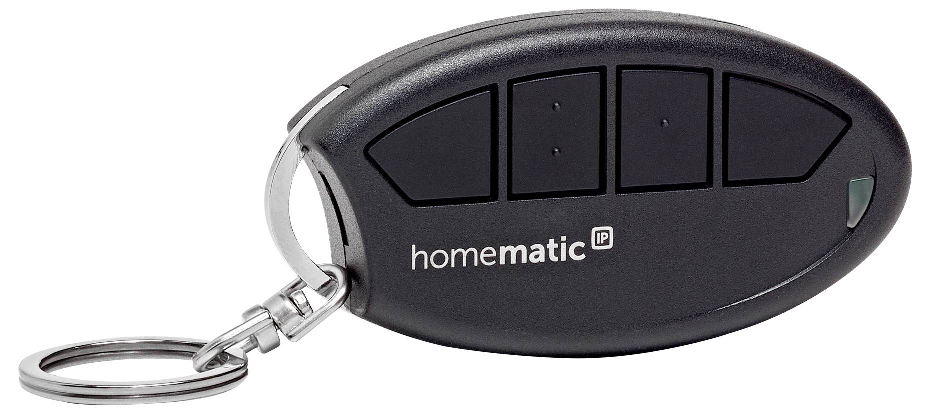 Eine schwarze Homematic IP Fernbedienung mit vier Tasten, einem kleinen Ring und einem Schlüsselanhänger.