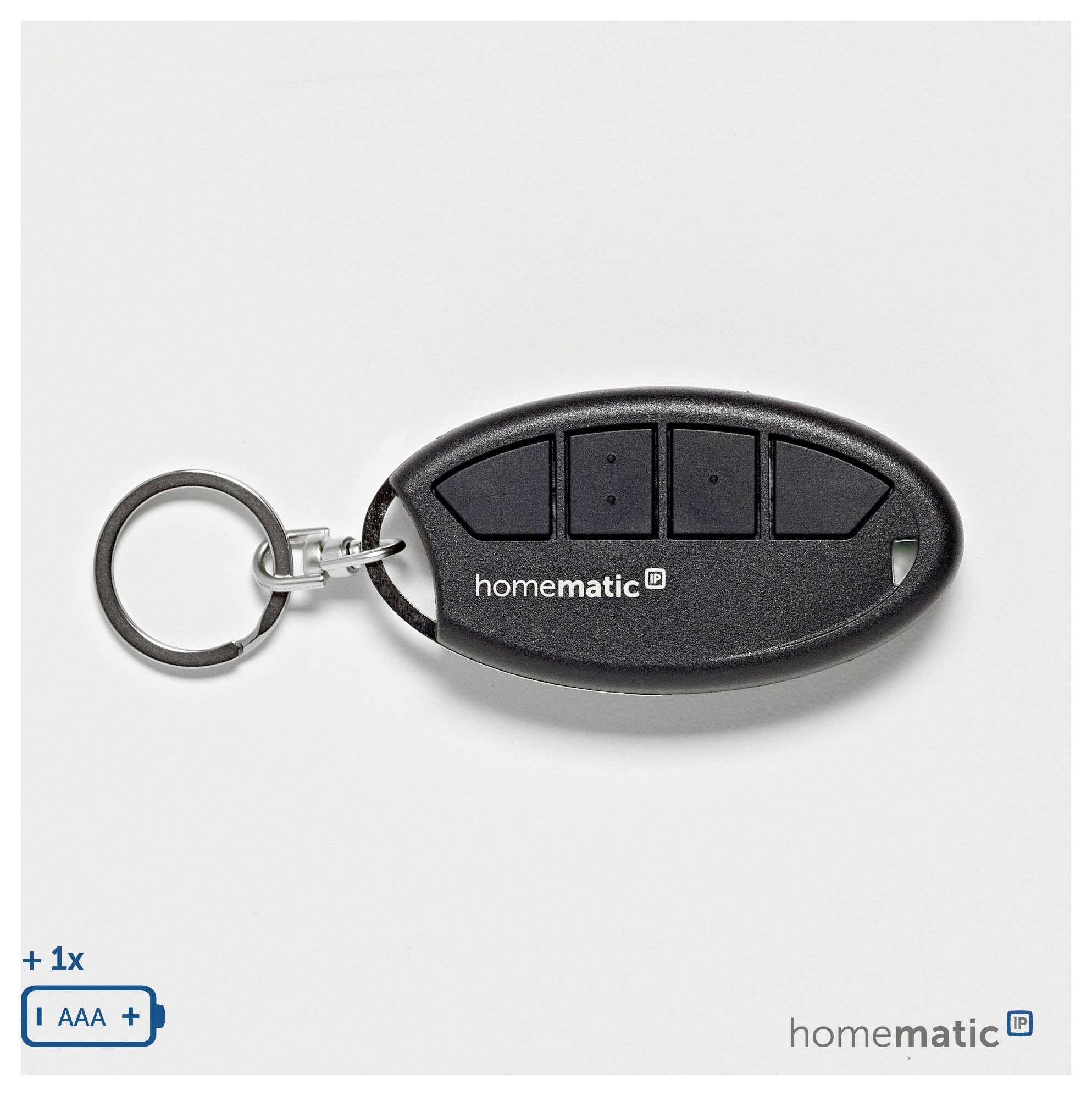 Eine schwarze ovale Fernbedienung mit drei Tasten, mit der Aufschrift homematic, an einem Schlüsselanhänger; inklusive einer AAA-Batterie.