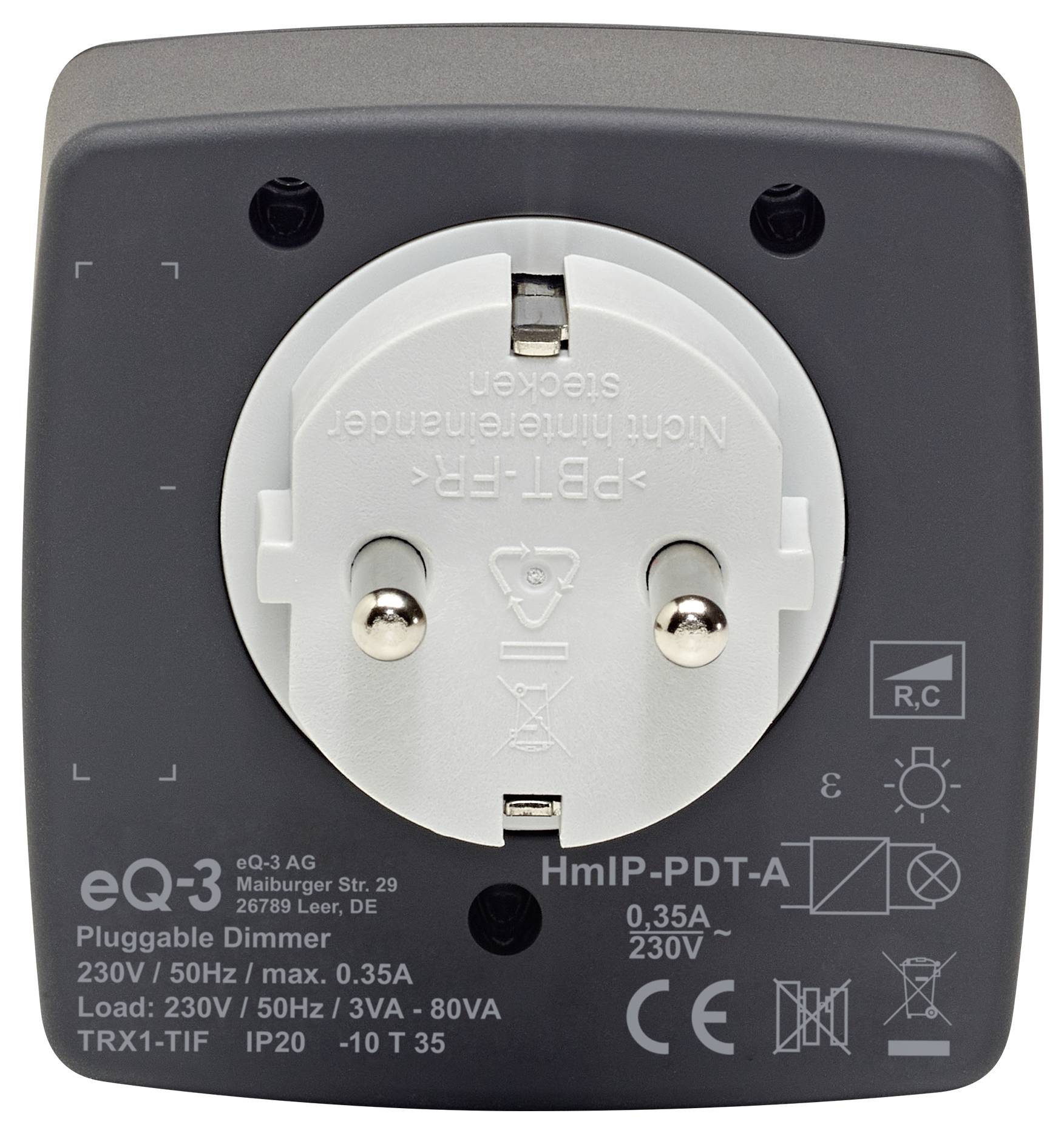 Ein Dimmer-Schalter mit europäischem Stecker, beschriftet mit ‚eQ-3' und ‚HmIP-PDT-A', mit folgenden Spezifikationen: 230V, 50Hz, Max 0,35A.