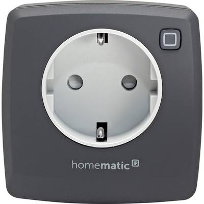 Ein schwarzer Smart Plug mit dem Logo 'Homematic IP', ausgestattet mit einer Steckdose und einem quadratischen Knopf oben rechts für die Konnektivität.