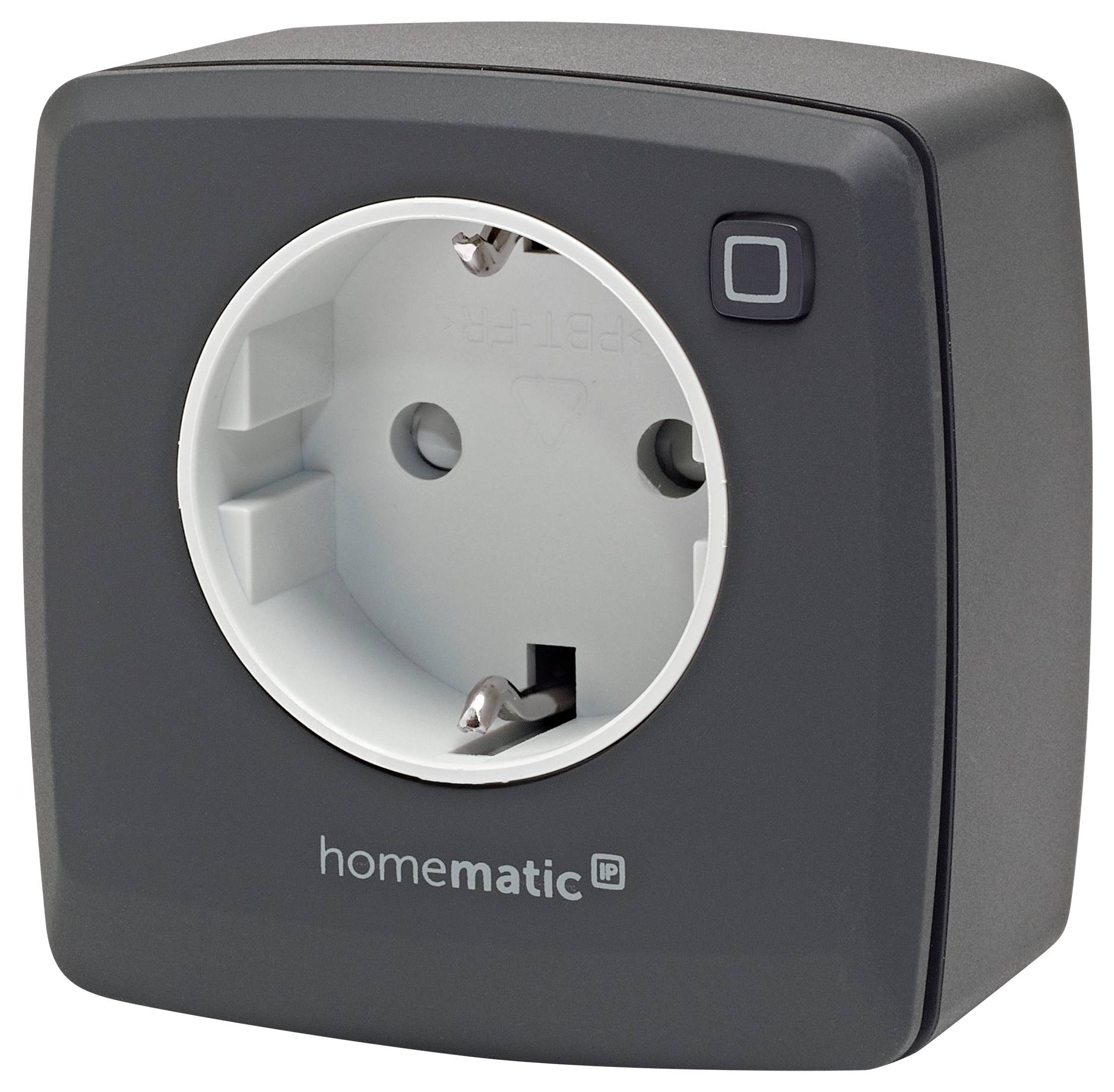 Ein intelligenter Steckdosenadapter mit einer Steckdose und einem Knopf, beschriftet mit „Homematic IP", der zur Steuerung von Smart-Home-Geräten verwendet wird.