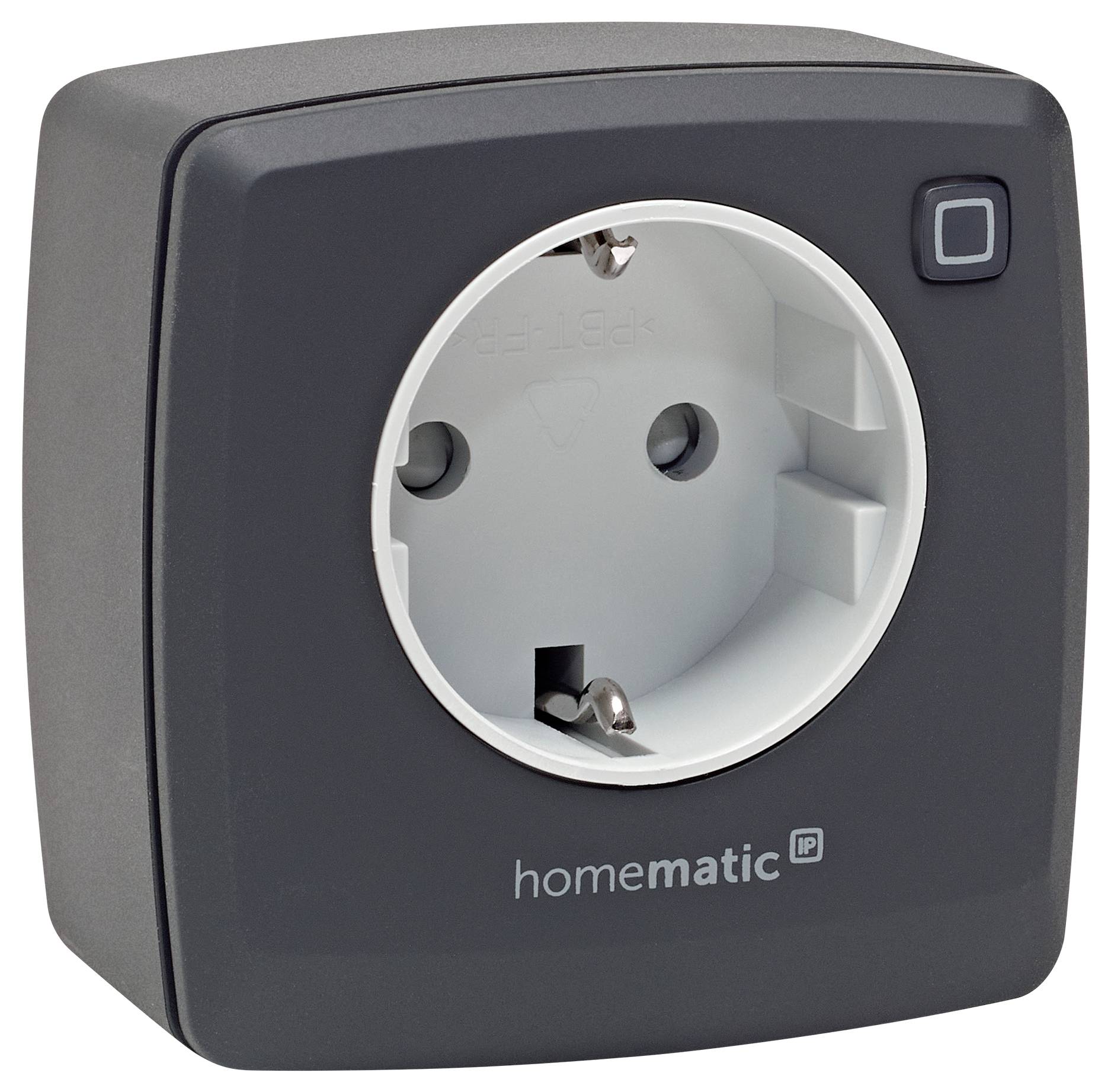 Eine schwarze und weiße intelligente Steckdose mit einer kreisförmigen Öffnung und einem kleinen quadratischen Knopf oben, mit der Markenbezeichnung "homematic IP".