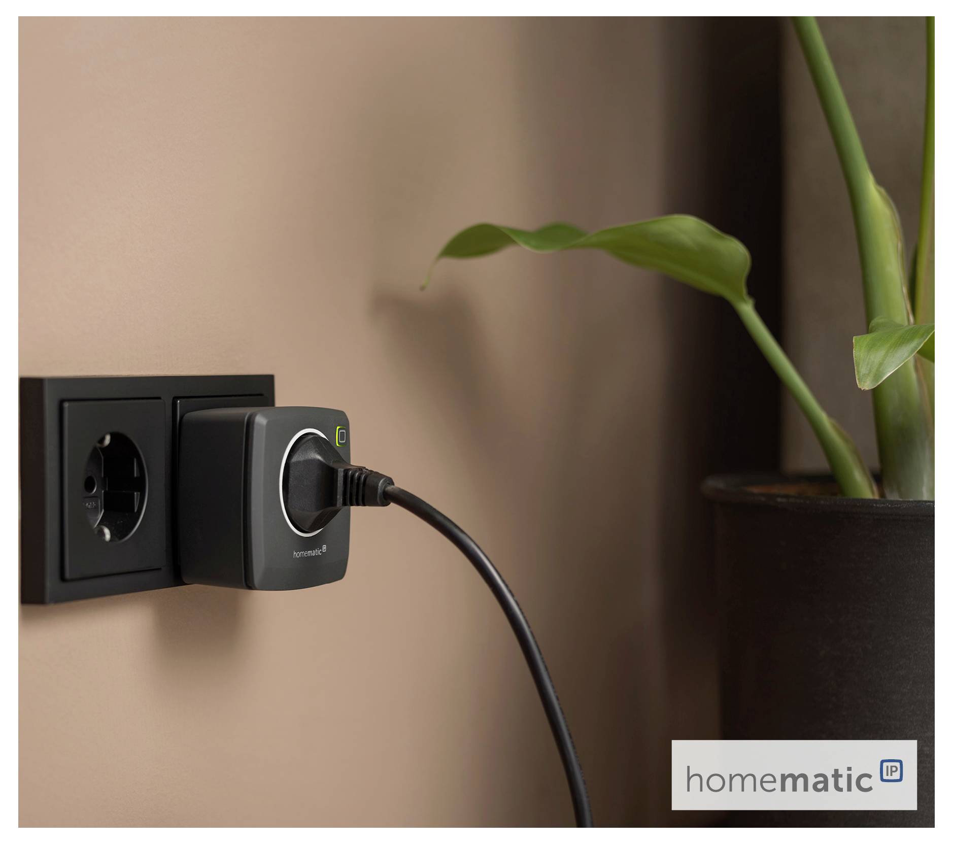 Eine intelligente Steckdose ist mit einer Wandsteckdose neben einer Pflanze verbunden. Die intelligente Steckdose trägt das 'Homematic' Logo und ist Teil eines Smart-Home-Systems.
