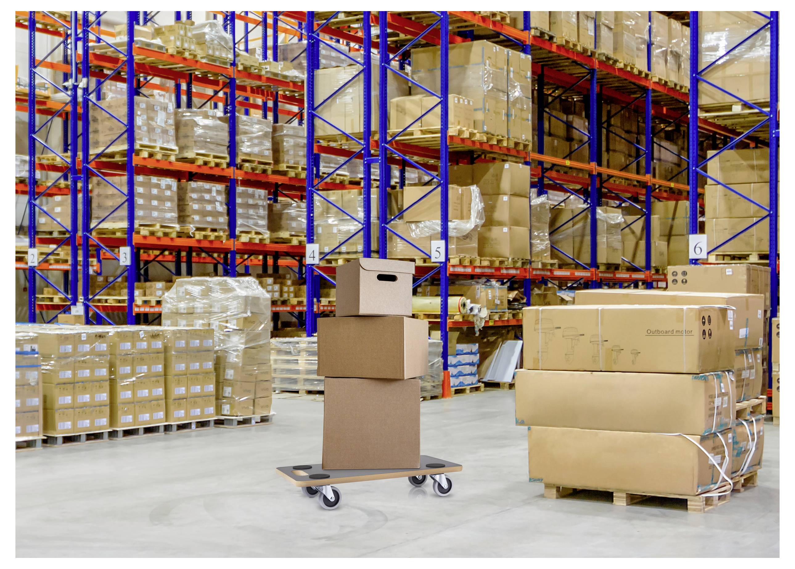 Ein Lager voller Regale mit gestapelten Kartons und Paketen. Ein Wagen mit Kartons steht im Vordergrund, was auf einen Lager- oder Versandbereich hindeutet.