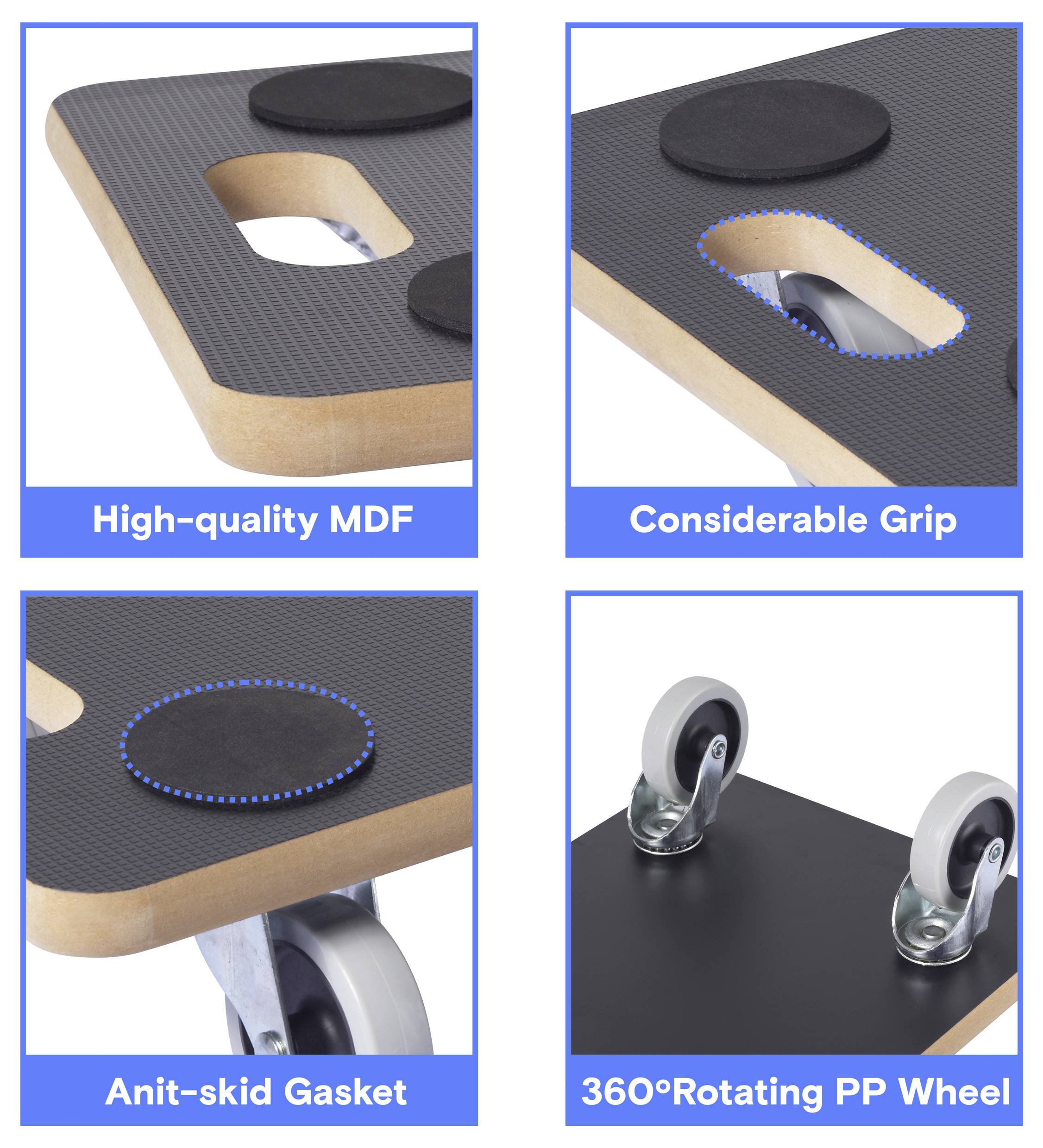Möbelmerkmale: Hochwertiges MDF, großer Griffbereich, rutschfeste Dichtung, um 360° drehbares PP-Rad. Detailansichten zur Darstellung von Materialien und Design.