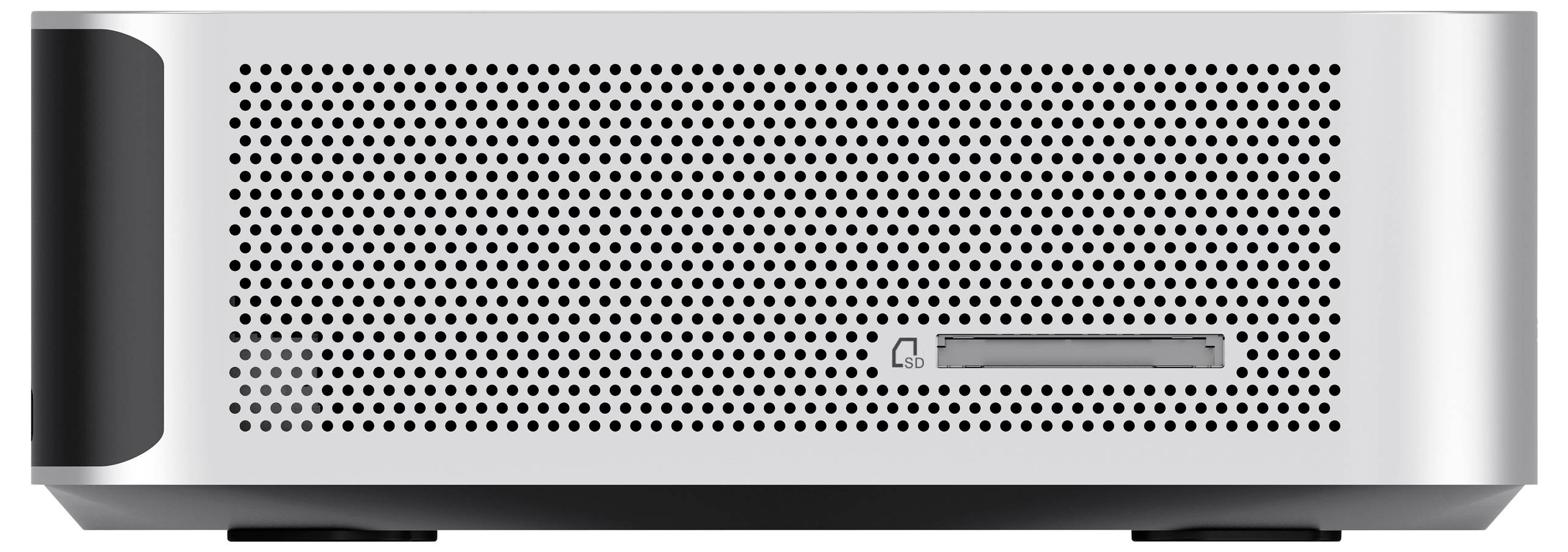 Ein silberner Desktop-Computer mit einer perforierten Frontplatte und einem Netzschalter, der ein minimalistisches Design aufweist.