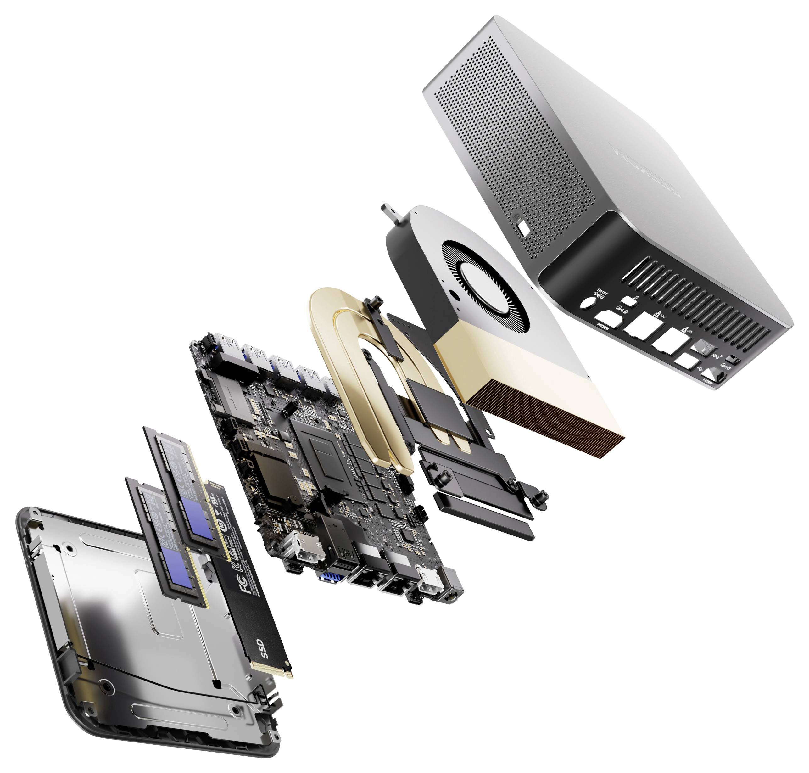 Explosionszeichnung eines Computers mit Komponenten wie Gehäuse, Lüfter, Motherboard, RAM und anderen Bauteilen in einer zerlegten Anordnung.