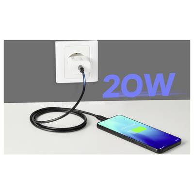 Ein Smartphone lädt auf einem Tisch mit einem Kabel, das mit einem Wandsteckdosenadapter verbunden ist. Der Text zeigt „20W" und weist auf die Ladeleistung hin.