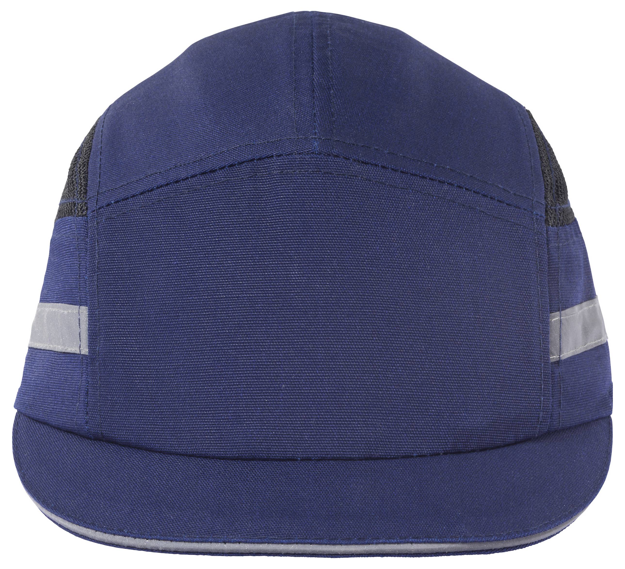Eine blau und schwarze Arbeitskappe mit reflektierenden Streifen an den Seiten, entwickelt für Sicherheit.