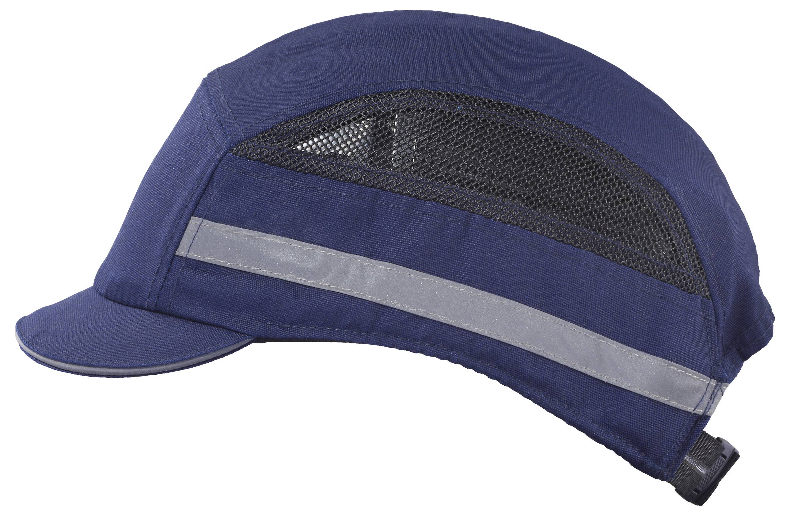 Eine blaue Schutzkappe mit einem Belüftungspaneel aus Netzstoff und einem reflektierenden grauen Streifen an der Seite für erhöhte Sicherheit und Sichtbarkeit.