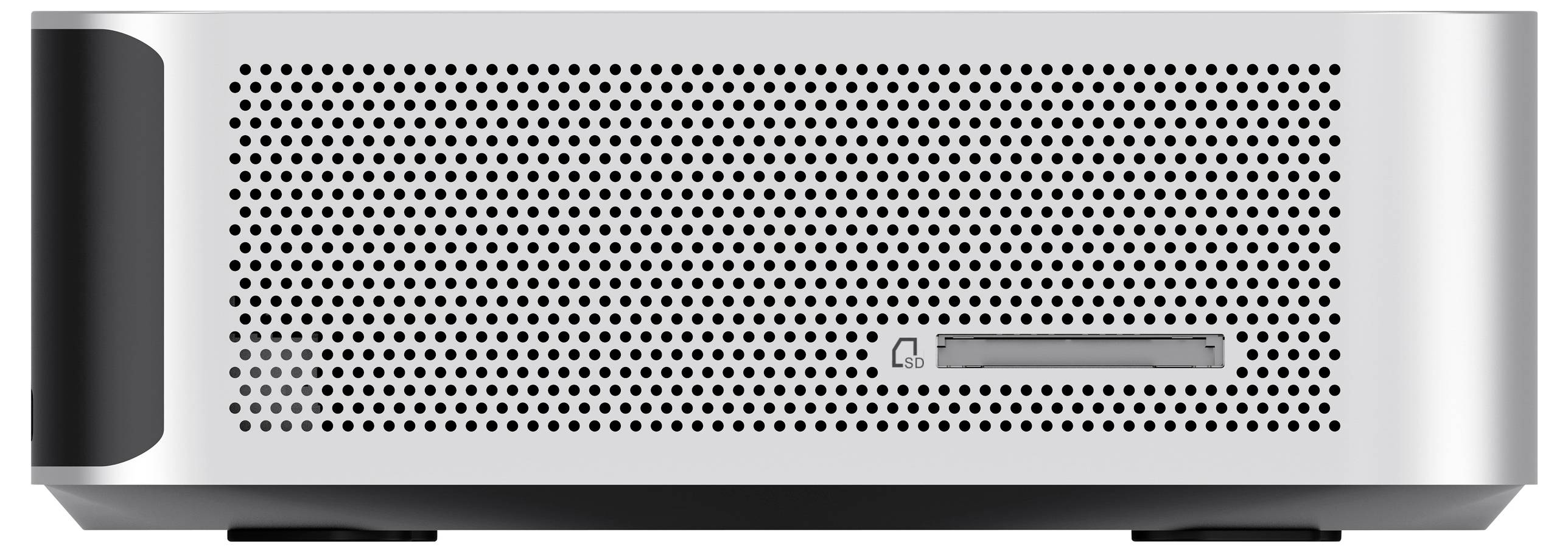 Ein silberner, rechteckiger elektronischer Geräte mit gelochtem Frontpanel und einer Disc-Einschubfläche, möglicherweise ein Desktop-Computer oder Medienserver.