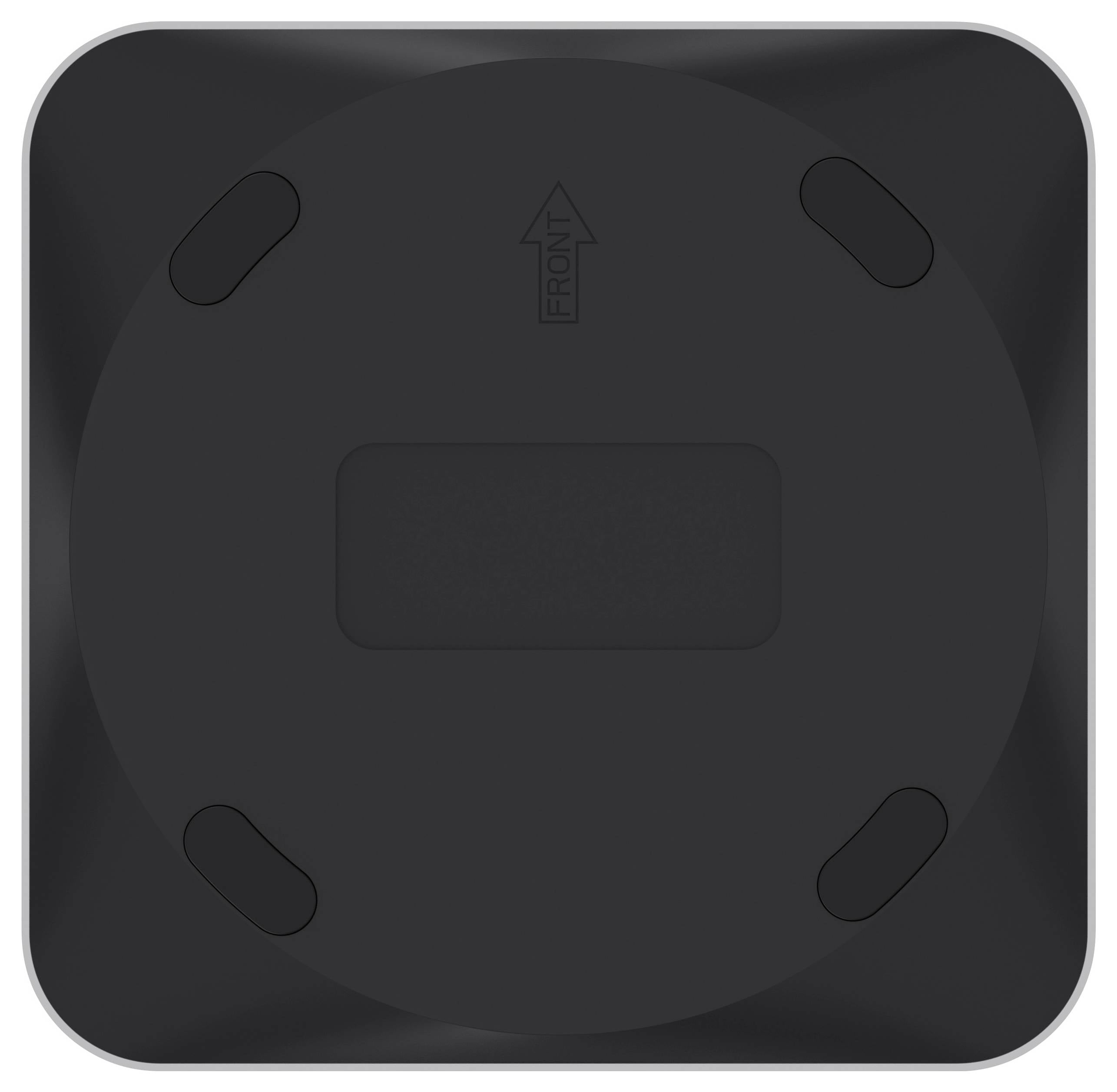 „Ein dunkles, quadratisches Gerät mit abgerundeten Ecken, versehen mit kreisförmigen Markierungen und einem Pfeil, der die Vorderseite anzeigt."