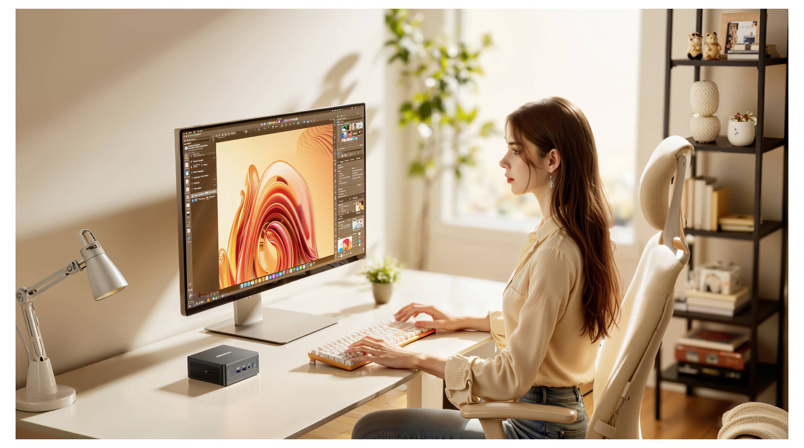 Eine Frau arbeitet an einem Desktop-Computer und bearbeitet ein abstraktes Bild. Der Raum ist hell mit natürlichem Licht, und eine Pflanze befindet sich im Hintergrund.