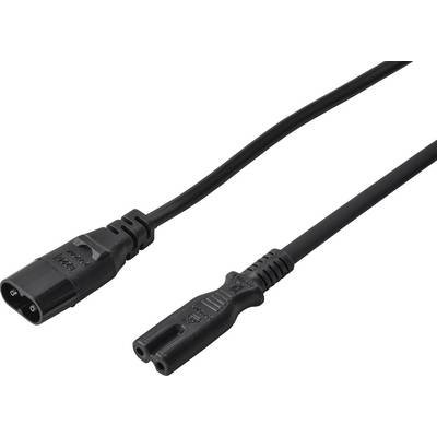 Schwarzes Stromkabel mit IEC-Buchse auf einer Seite und passendem zweipoligem Stecker auf der anderen Seite, gezeigt auf weißem Hintergrund.