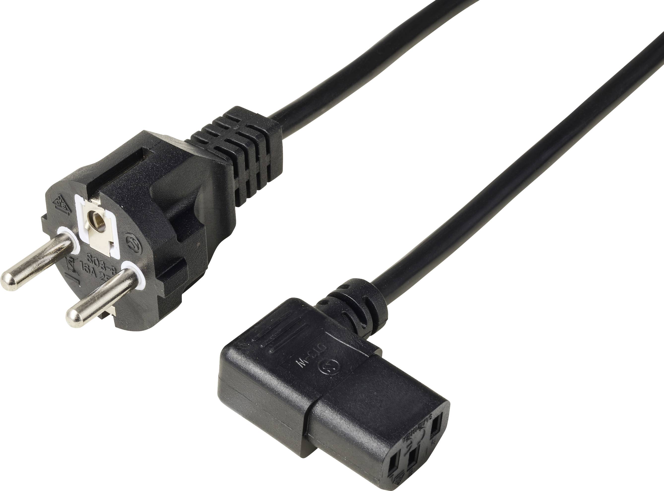 Schwarzes Stromkabel mit europäischem zweipoligem Stecker und IEC-C13-Computeranschluss auf weißem Hintergrund