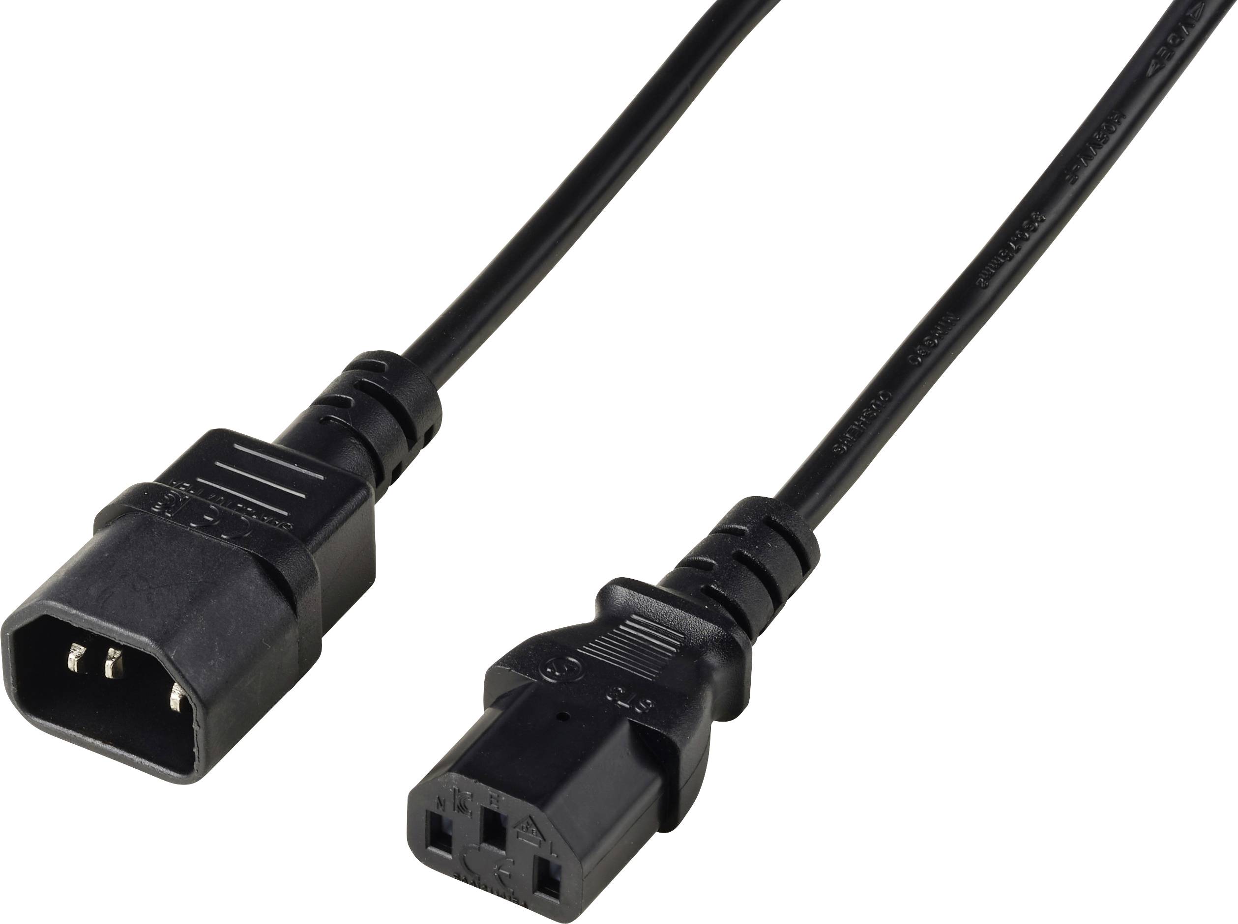 Schwarzes Stromkabel mit IEC-C14-Stecker auf der einen Seite und IEC-C13-Buchse auf der anderen Seite.