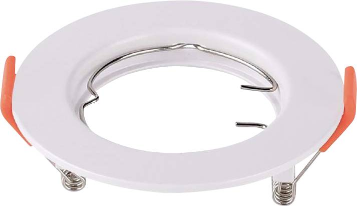 Ein kreisförmiger weißer Scheinwerferhaltering mit Metallfederspangen und orangefarbenen Seitenclips, der zur Installation von Deckeneinbauleuchten verwendet wird.