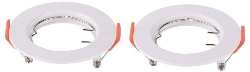 Zwei weiße, runde, eingelassene Leuchten mit orangen Clips und Metallfederspannern, die für die Deckenmontage konzipiert sind.