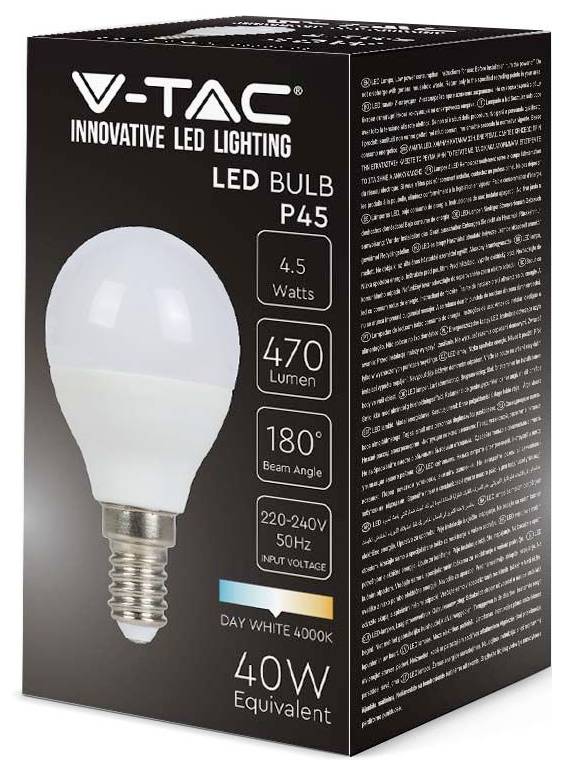 V-TAC LED-Lampe<br>4,5 Watt<br>470 Lumen<br>180° Abstrahlwinkel<br>220-240V<br>Tageslicht-Weiß 4000K<br>Ersatz für 40W Glühlampe