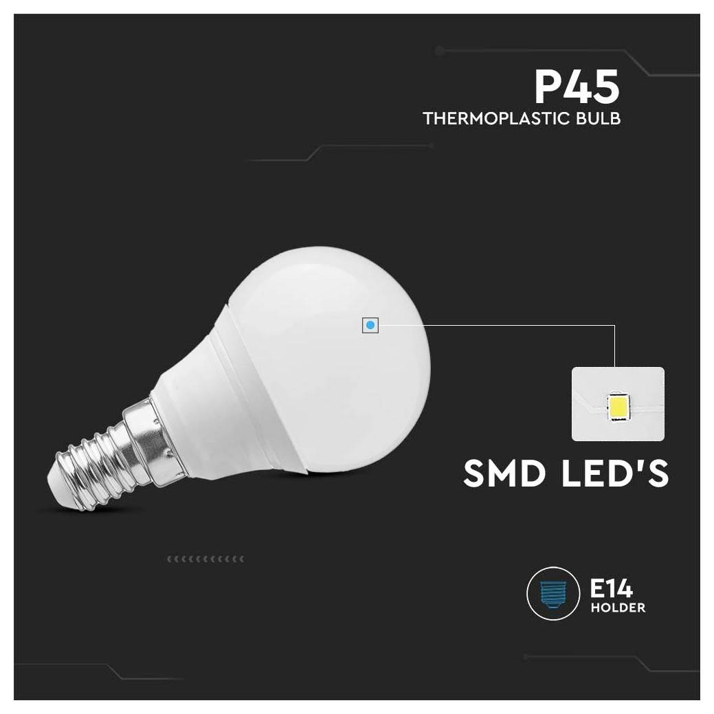 'P45 Thermoplastik-Glühbirne mit SMD-LEDs und E14-Sockel' und Bild der Glühbirne mit Zoom auf einen LED-Chip.