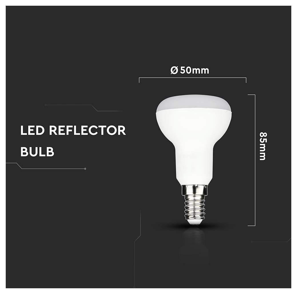 LED-Reflektorlampe mit Abmessungen von 50 mm Durchmesser und 85 mm Höhe vor einem dunklen Hintergrund.