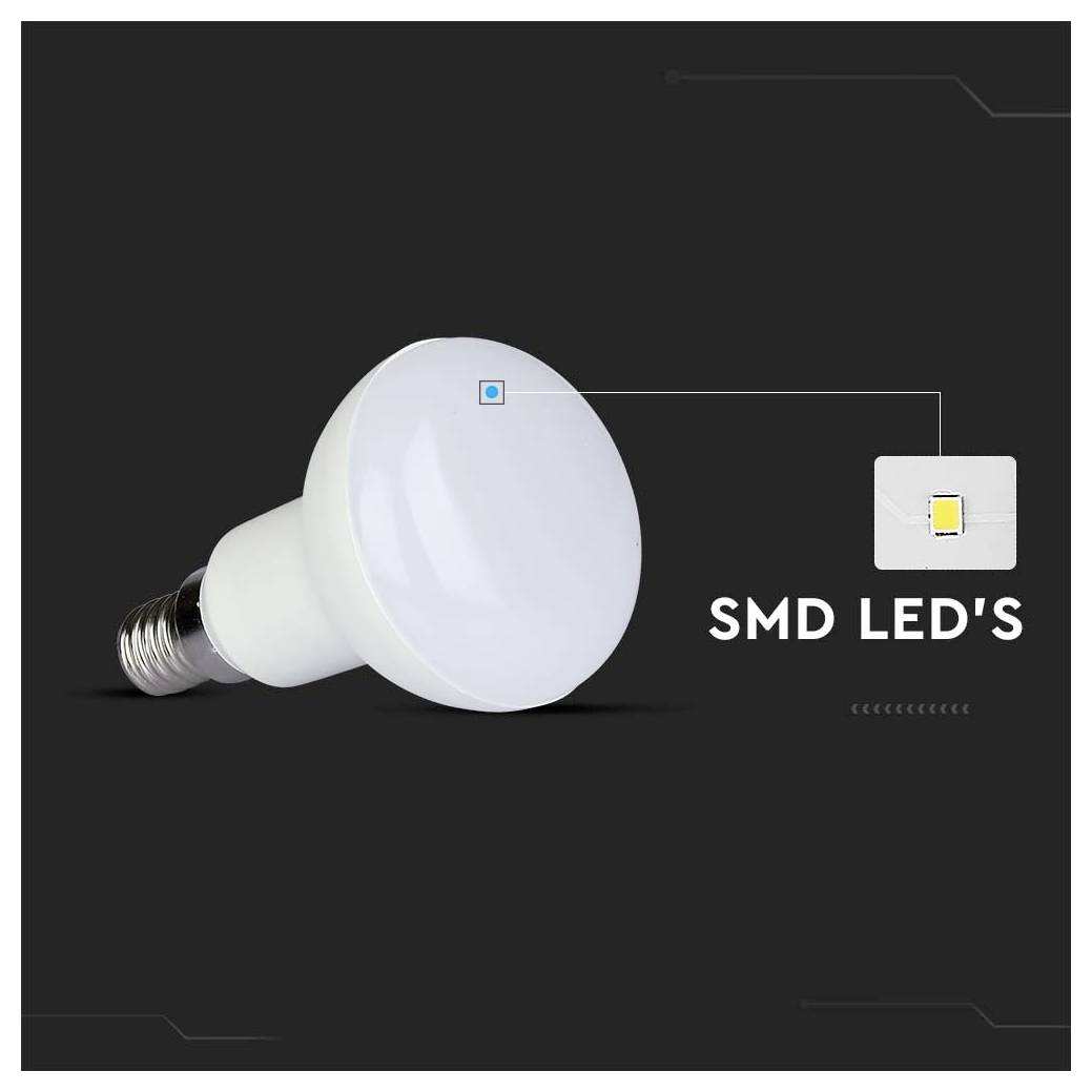 Eine weiße LED-Lampe vor einem dunklen Hintergrund mit der Bezeichnung "SMD-LEDs", die die verwendete Lichttechnologie anzeigt.
