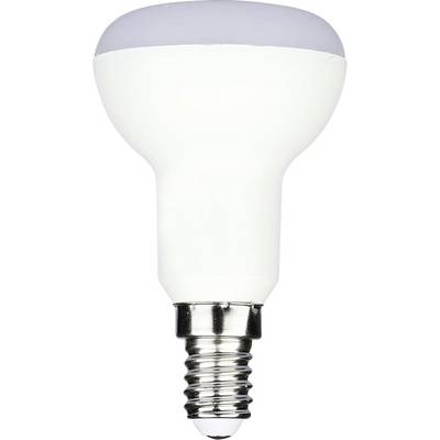 Eine weiße LED-Glühbirne mit silberfarbenem Schraubsockel, geformt wie eine Standardbirne mit leicht verbreitertem Oberteil, geeignet für kleine Armaturen.