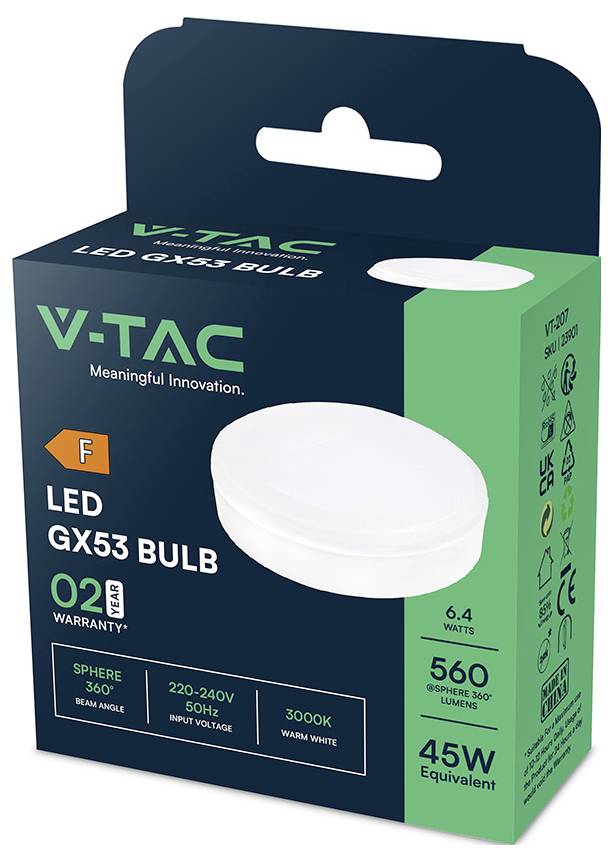 Karton mit V-TAC LED GX53 Lampe, 6,4 Watt mit 560 Lumen, warmweiß, 3000K, und 45-Watt-Äquivalent. Energieeffizienzklasse F.