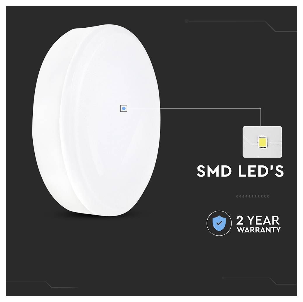 Eine runde weiße SMD-LED-Lampe mit dem Text 'SMD LED's' und '2 Jahre Garantie' auf schwarzem Hintergrund, die Produktmerkmale anzeigt.