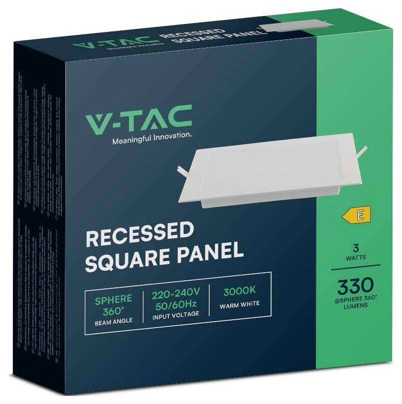 Die Abbildung zeigt die Verpackung des V-TAC Einbau-Quadratpanels mit 330 Lumen, 3 Watt und warmweißem Licht (3000K) mit einem Abstrahlwinkel von 360°.