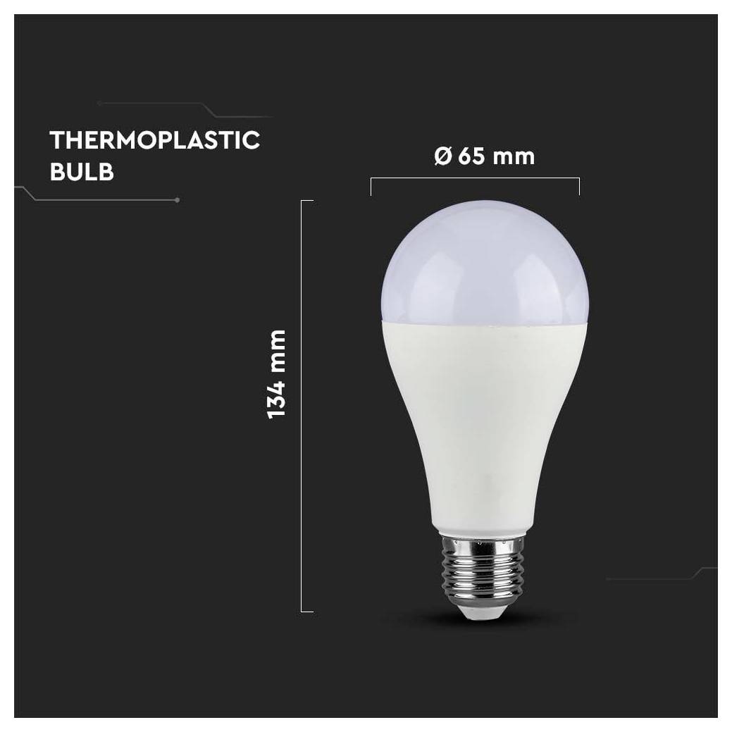 Eine Glühbirne mit der Aufschrift "Thermoplastische Glühbirne". Abmessungen: 134 mm hoch, 65 mm Durchmesser. Weiß und silberne Erscheinung.