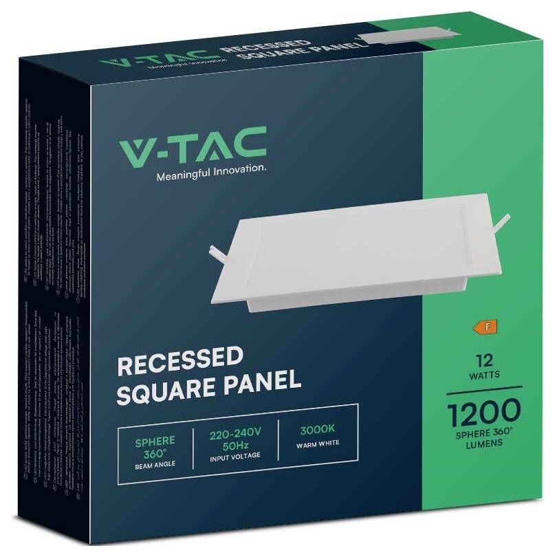 V-TAC Einbau-Quadratpanel<br>12 Watt<br>360° Abstrahlwinkel<br>220-240V<br>3000K Warmweiß<br>1200 Lumen