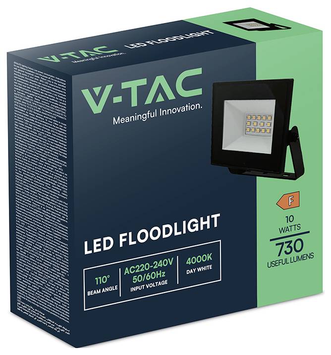 'V-TAC LED-Flutlicht' Box mit Produktbild und Funktionen: 10 Watt, 730 Lumen, 110° Abstrahlwinkel, 4000K Farbtemperatur, Energieeffizienzklasse F.