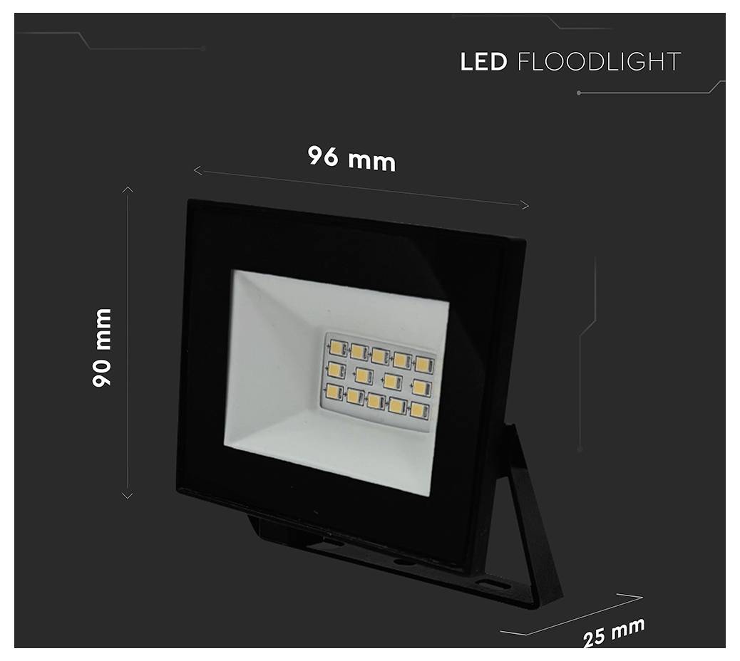 "LED-Flutlicht" Diagramm mit Abmessungen: 96 mm Breite, 90 mm Höhe, 25 mm Tiefe. Mit mehreren LED-Leuchten im Inneren.