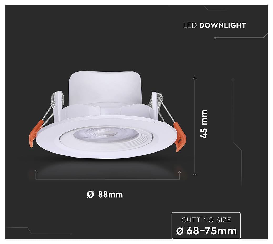 Eine weiße LED-Downlight, 88 mm im Durchmesser, mit 45 mm Höhe, geeignet für eine Einbauöffnung von 68-75 mm.