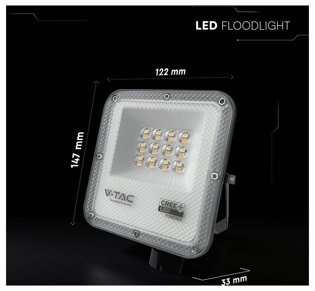 Ein LED-Flutlicht mit Abmessungen von 147 mm x 122 mm, ausgestattet mit mehreren LED-Leuchten und gekennzeichnet mit „V-TAC" und „Cree LED Powered".