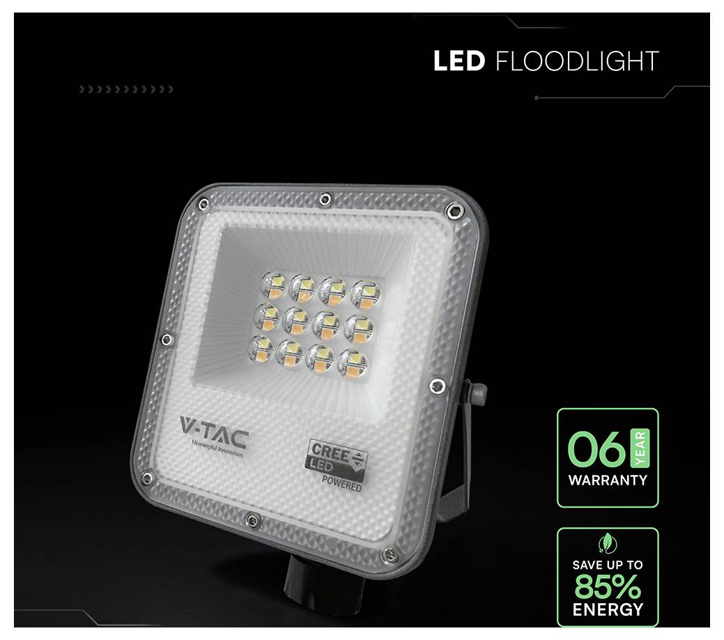 LED-Strahler mit 12 sichtbaren Glühbirnen. Der Text besagt: „06 Jahre Garantie" und „Sparen Sie bis zu 85% Energie."