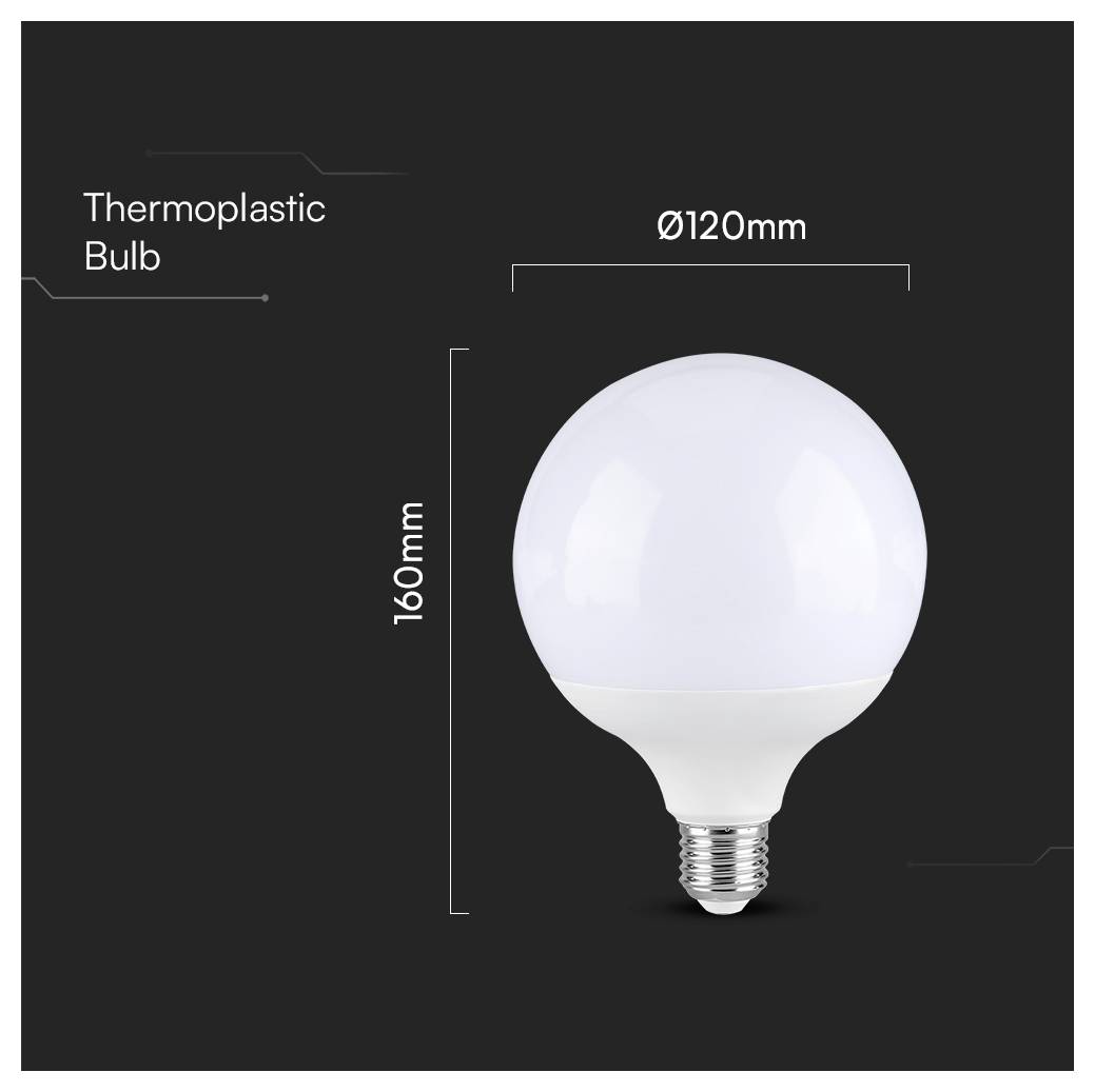 Eine Glühbirne aus Thermoplastik mit einem Durchmesser von 120 mm und einer Höhe von 160 mm ist vor einem dunklen Hintergrund abgebildet.