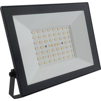 Ein rechteckiger LED-Scheinwerfer mit schwarzem Rahmen und einem Raster aus kleinen LED-Lampen in der Mitte, montiert auf einem Schwenkhalter.