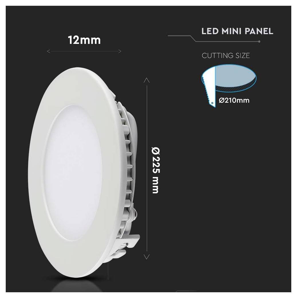 "LED Mini Panel" gezeigt, 12 mm dick, 225 mm Durchmesser. Enthält eine Grafik, die eine Schnittgröße von 210 mm veranschaulicht.
