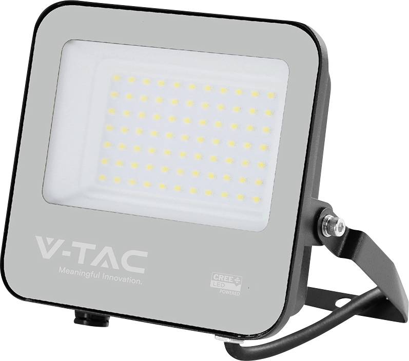 LED-Flutlicht mit 'V-TAC'-Branding, ausgestattet mit zahlreichen kleinen LED-Lampen hinter einer transparenten Abdeckung, montiert auf einer verstellbaren Halterung.