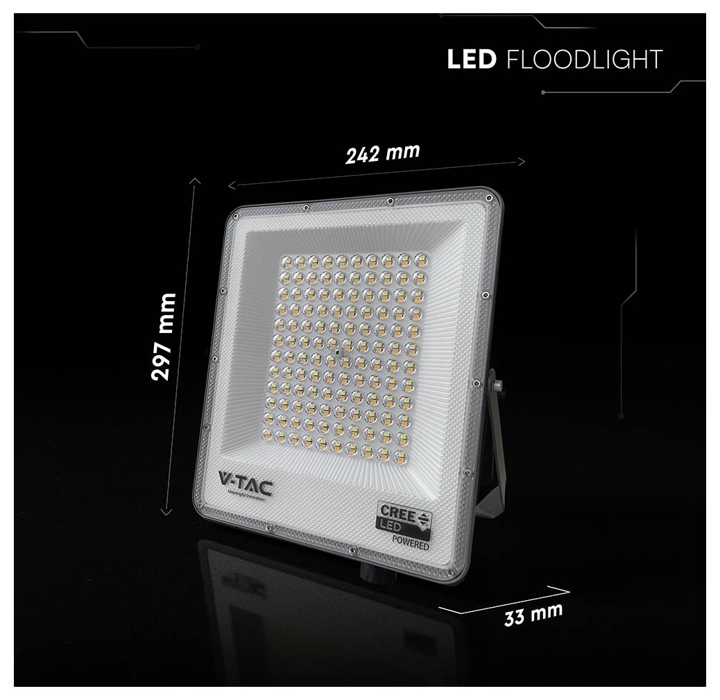 LED-Flutlicht mit Abmessungen: 297 mm Höhe, 242 mm Breite und 33 mm Tiefe. Branding: 'V-TAC' und 'CREE LED Powered'.