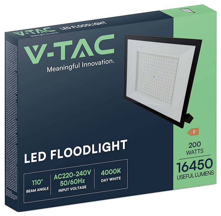 Grüner V-TAC LED-Flutlichtstrahler; Merkmale: 200 Watt, 16.450 Lumen, 110° Abstrahlwinkel, 4000K Tageslicht-Weiß, Slogan "Sinnvolle Innovation".